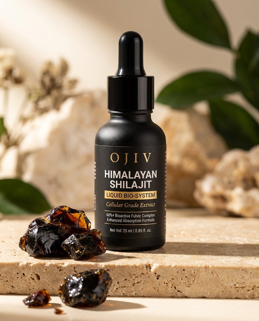 OJIV Himalayan Shilajit bottle beside raw shilajit resin on travertine stone