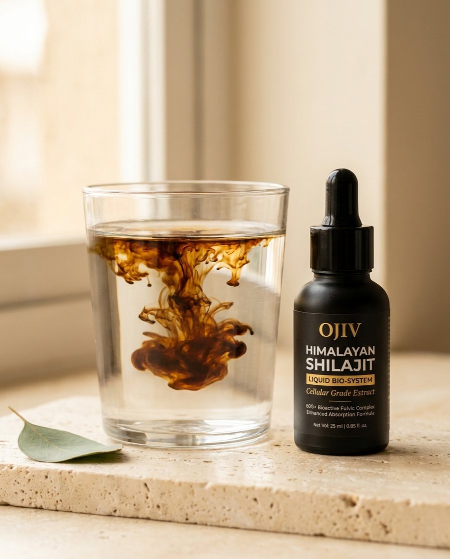 A dose of OJIV liquid shilajit dissolving into a glass of water beside the bottle