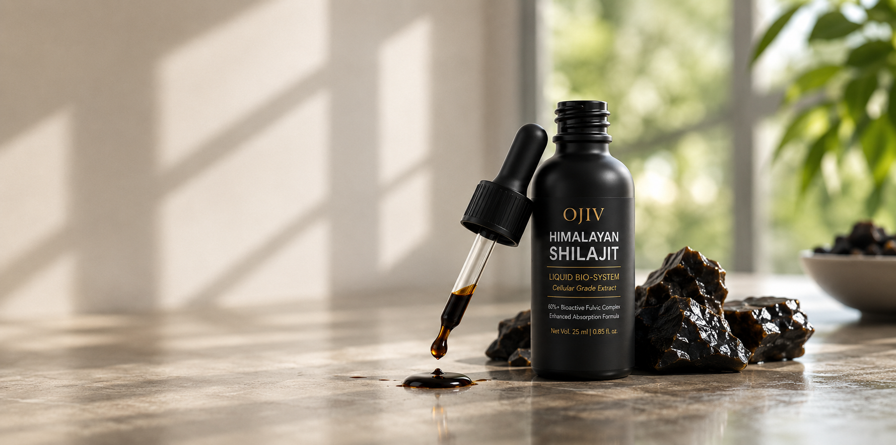 OJIV Himalayan Shilajit bottle and dropper beside raw shilajit resin in warm morning light