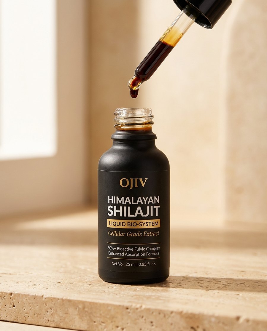 The OJIV glass dropper releasing a drop of liquid shilajit above the open bottle