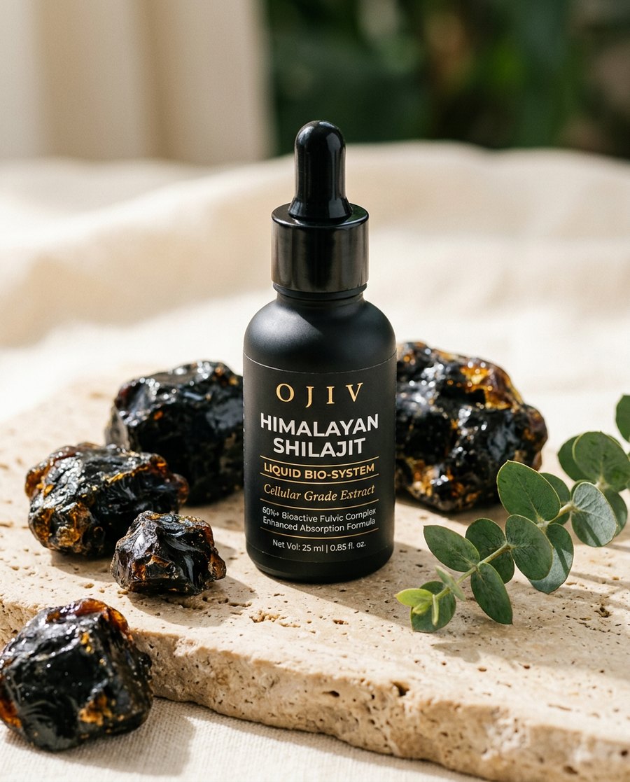 OJIV Himalayan Shilajit bottle laid out with raw shilajit resin and eucalyptus