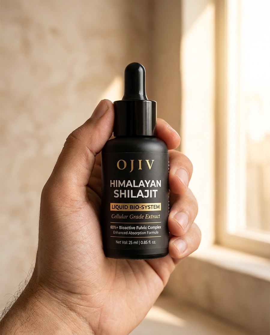 A hand holding the OJIV Himalayan Shilajit bottle against morning window light